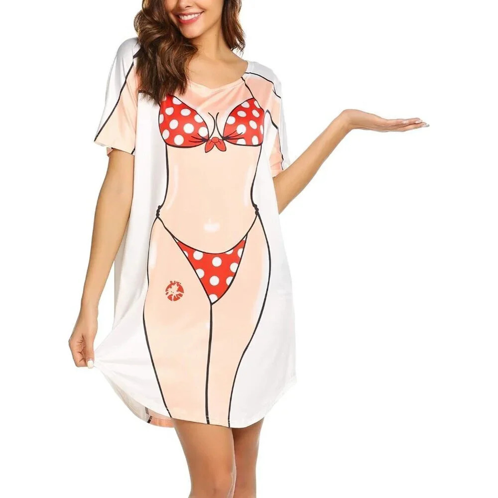Women's Bikini Short Sleeve Cute Bikini Print Cover-Up Baggy  T Shirt